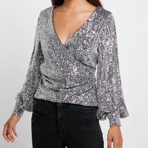 Fashion Union balloon sleeve wrap front top in allover silver sequin